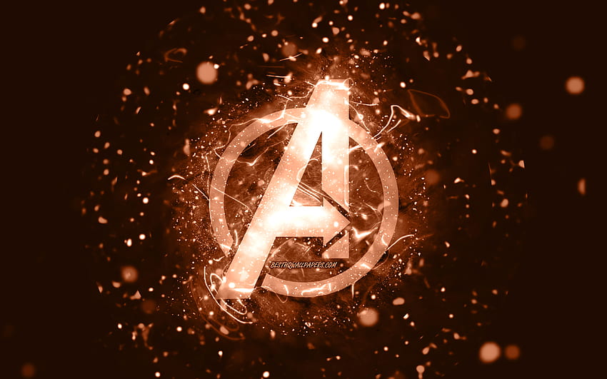 Avengers brown logo, , brown neon lights, creative, brown abstract background, Avengers logo, superheroes, Avengers HD wallpaper