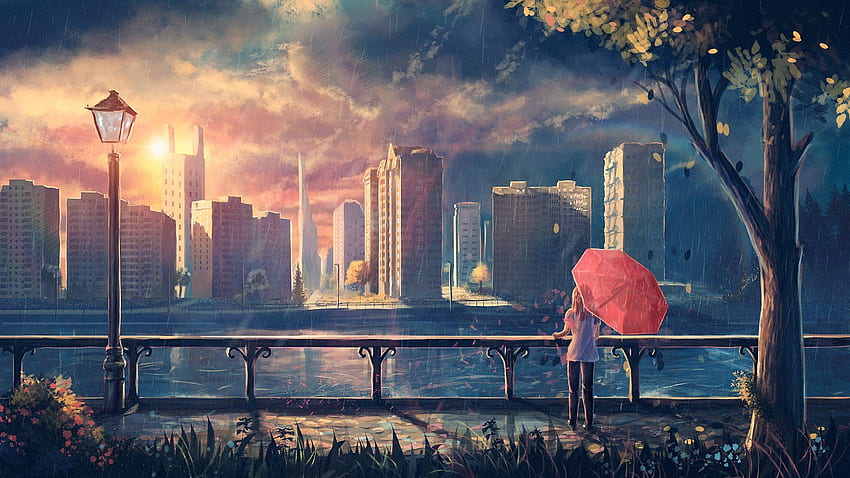 Girl Art foliage umbrella lantern rain city tree, Raining City HD wallpaper