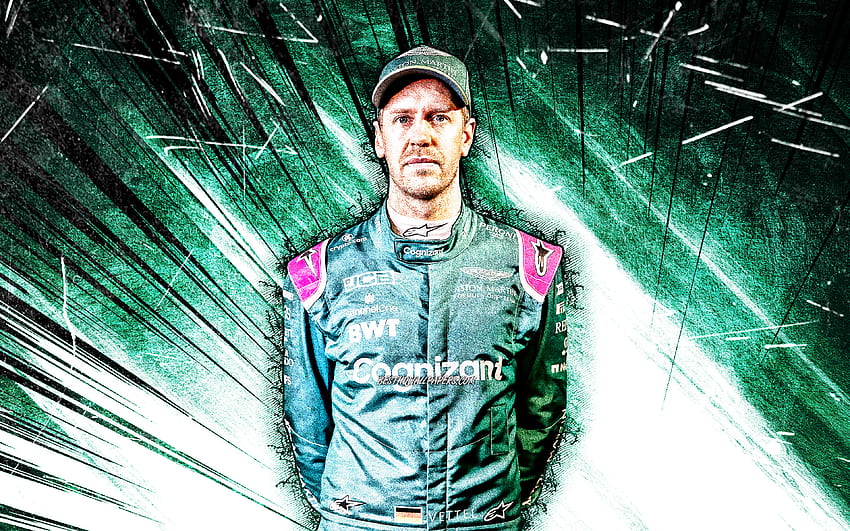 Sebastian Vettel, grunge sanat, Aston Martin F1 Takımı, Alman yarış pilotları, Formula 1, F1 2021, yeşil soyut ışınları, Sebastian Vettel Aston Martin, Sebastian Vettel HD duvar kağıdı