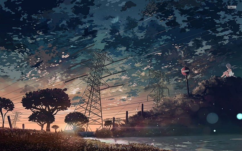 słup energetyczny, tło, poranne anime Tapeta HD
