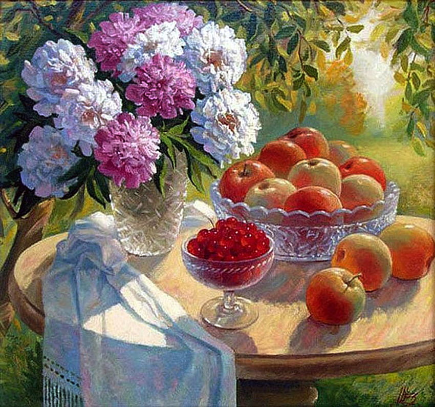 Jeanne Sidorenko, table, bouquet, flower, fruit, apple HD wallpaper