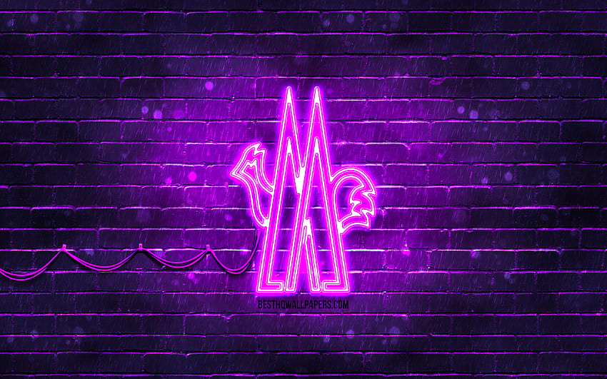 Logo violet Moncler, mur de briques violet, logo Moncler, marques, logo néon Moncler, Moncler Fond d'écran HD