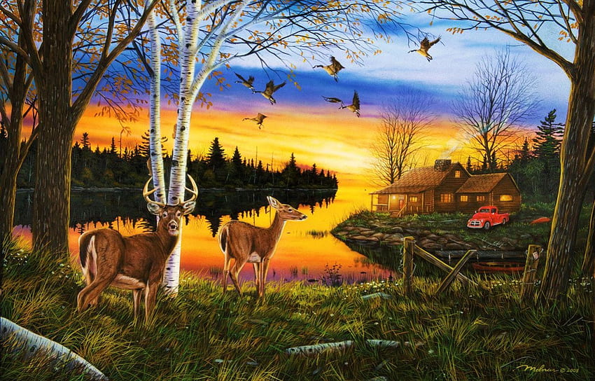 Rehe bei Sonnenuntergang, Fluss, Gemälde, Bäume, Himmel, Hütte, Sonne HD-Hintergrundbild
