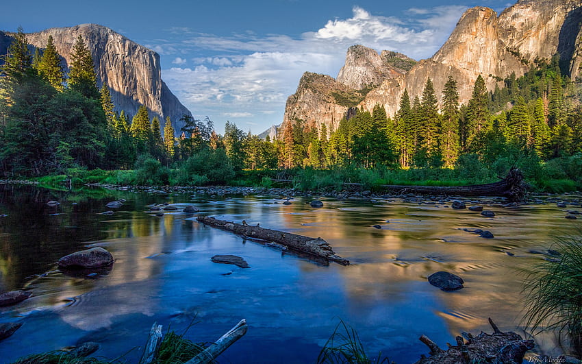 Yosemite, Gebirgsfluss, Berglandschaft, Morgen, Sonnenaufgang, Wald, Kalifornien, USA HD-Hintergrundbild