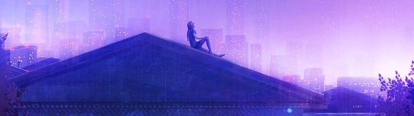 Anime Girl, Rooftop, Stars, Raining, Buildings, Purple Sky, Scenic, 3840X1080 Purple HD wallpaper