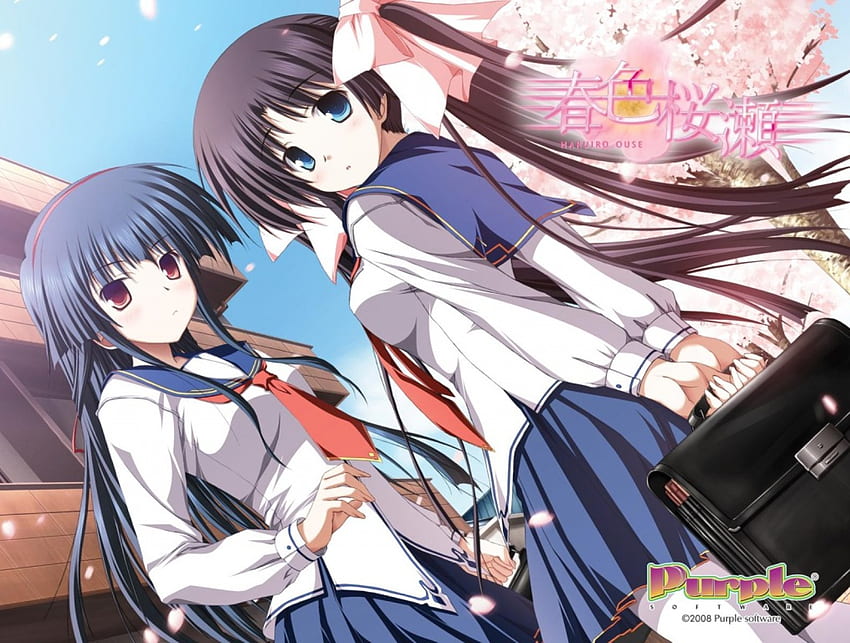 Purple, cherry blossom, school uniform, anime, anime girls HD wallpaper