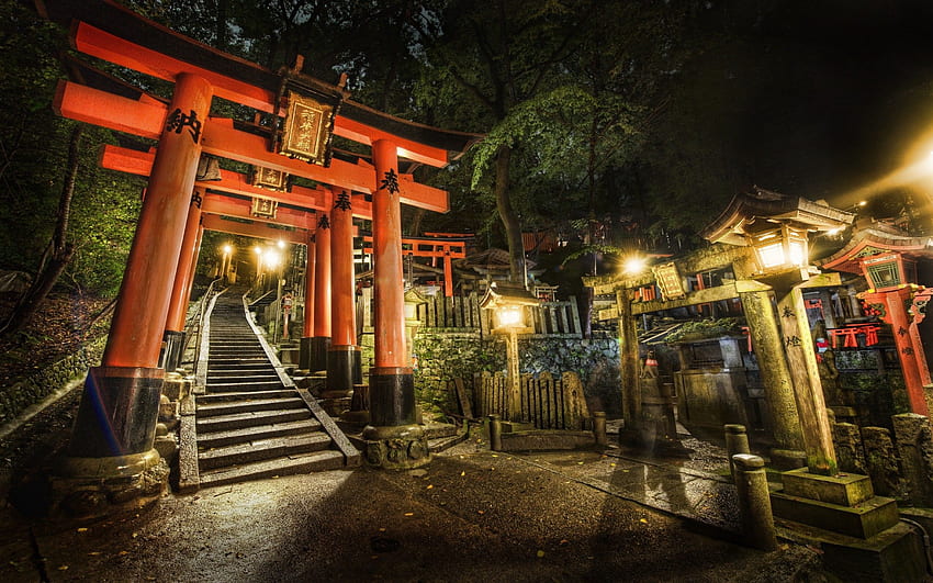 日本、夜、階段、神社、鳥居 高画質の壁紙