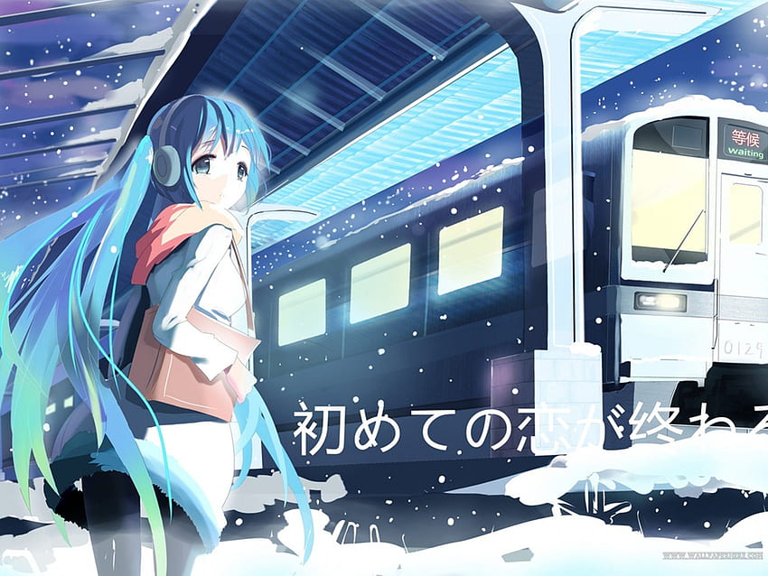 Hatsune Miku, surpised, headphones, blue hair, train, vocaloid, long hair, anime, snow HD wallpaper