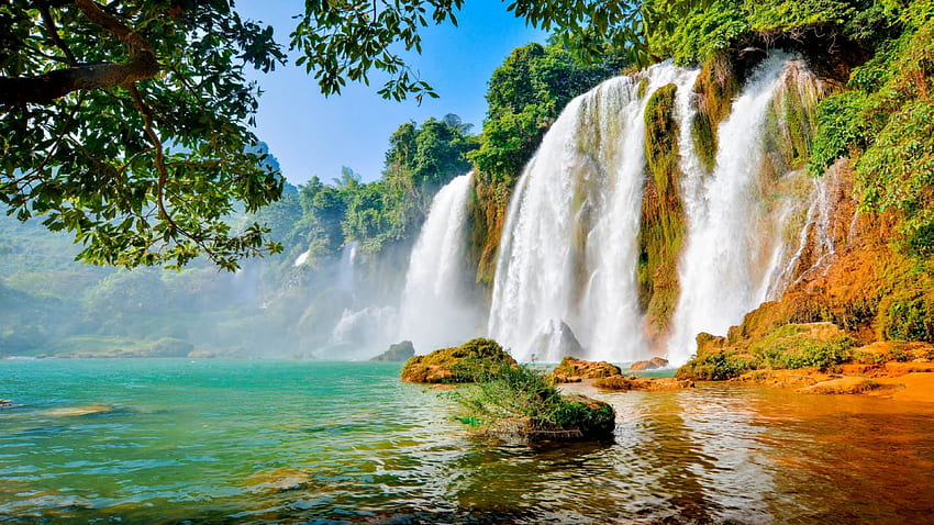 Красив водопад, езеро, лято, Тайланд, джунгла HD тапет