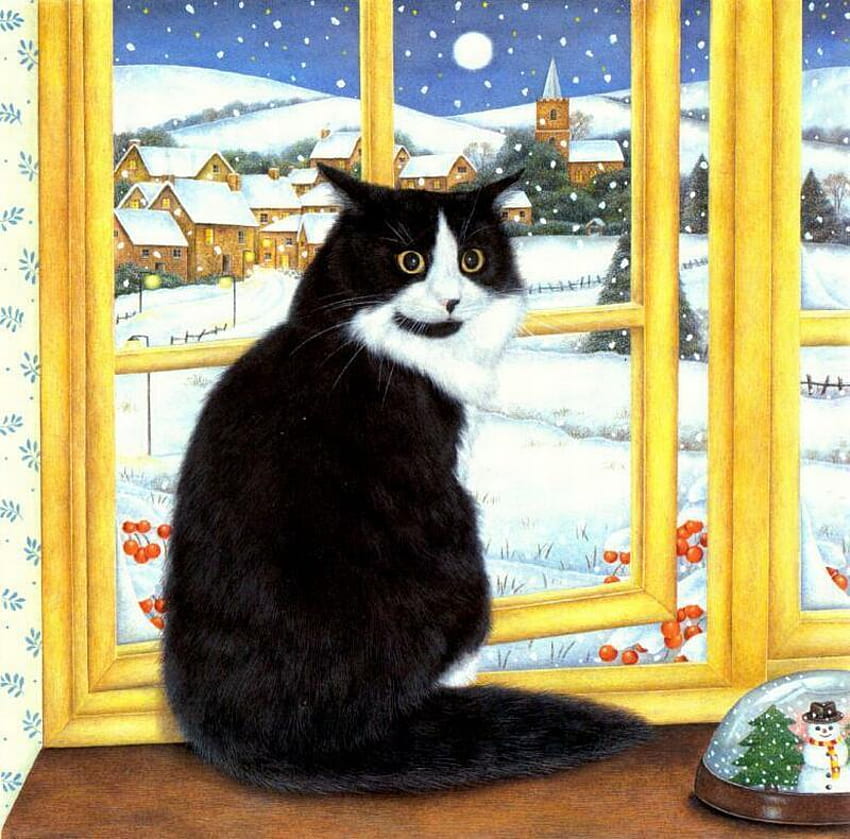 Pencerenin yanında * Anne Mortimer tarafından, yavru kedi, kış, anne mortimer, kedi, kedi, kilise, ihale, kardan adam, aşk, kar, noel HD duvar kağıdı
