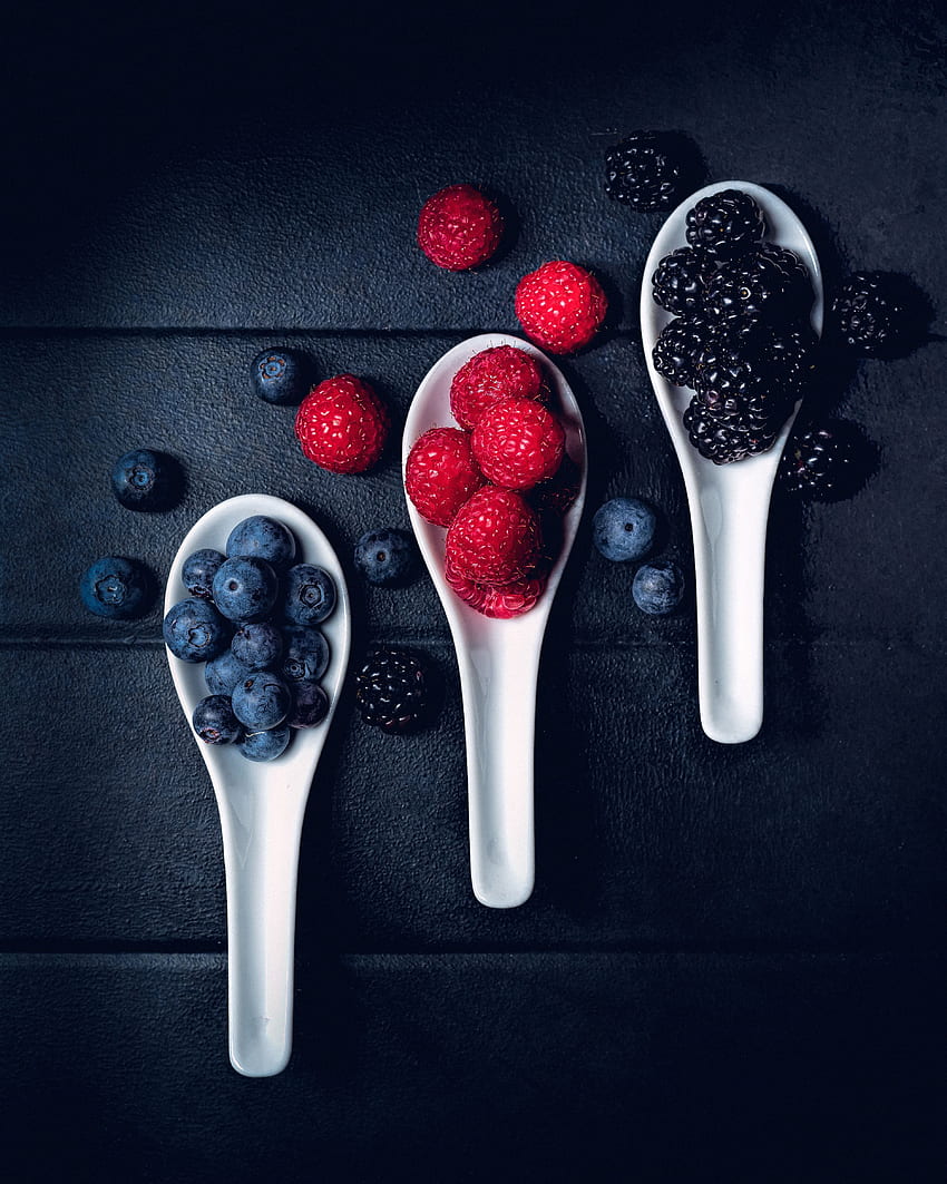 Food, Raspberry, Bilberries, Berries, Fresh, Spoons HD phone wallpaper