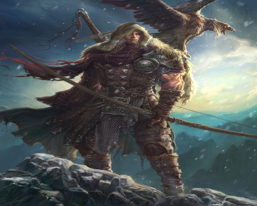 Winter Hunt, sword, man, snow, vulture, bow HD wallpaper