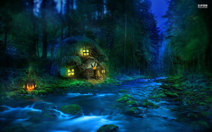 fantasy forest . Small riverside hut in the forest . Forest , Fantasy forest, Witch house HD wallpaper