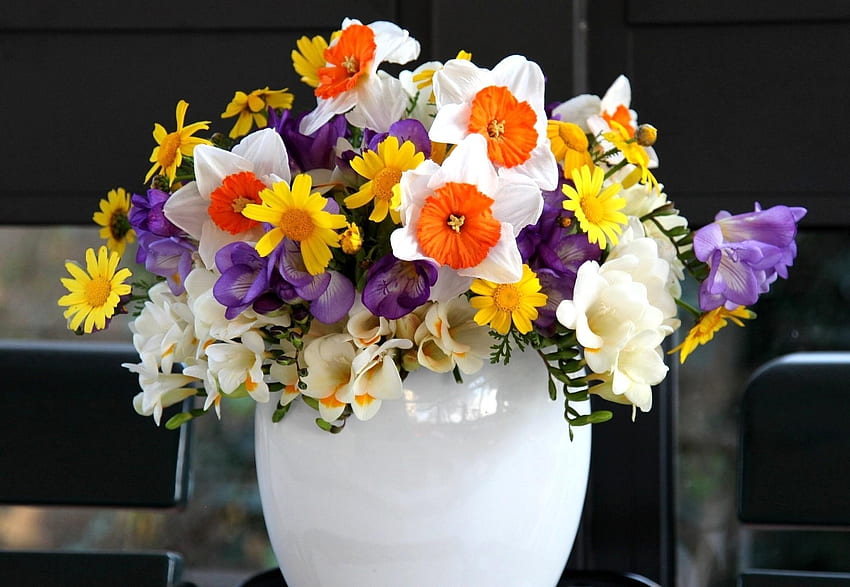 ดอกไม้, นาร์ซิสซัสซี่, ช่อดอกไม้, แจกัน, องค์ประกอบ, เซีย วอลล์เปเปอร์ HD