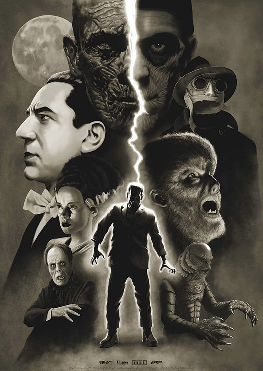 Universal Monsters Moonlight Fine Art Litografía de Andrew Swainson y Vice Press. Impresiones de arte Sideshow, Monstruos clásicos universales fondo de pantalla del teléfono