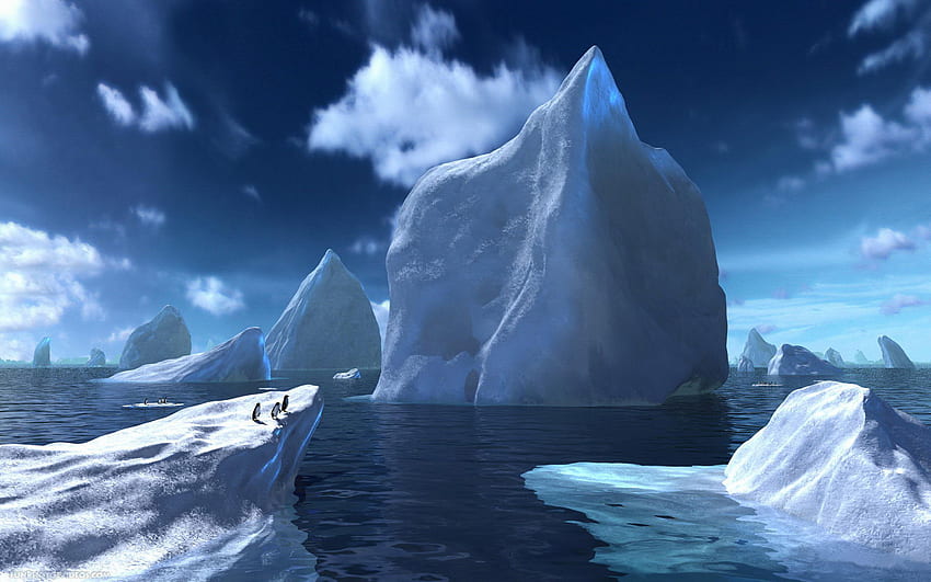 PINGÜINOS EN EL ICEBERG, azul, pingüinos, nubes, cielo, iceberg, agua fondo de pantalla