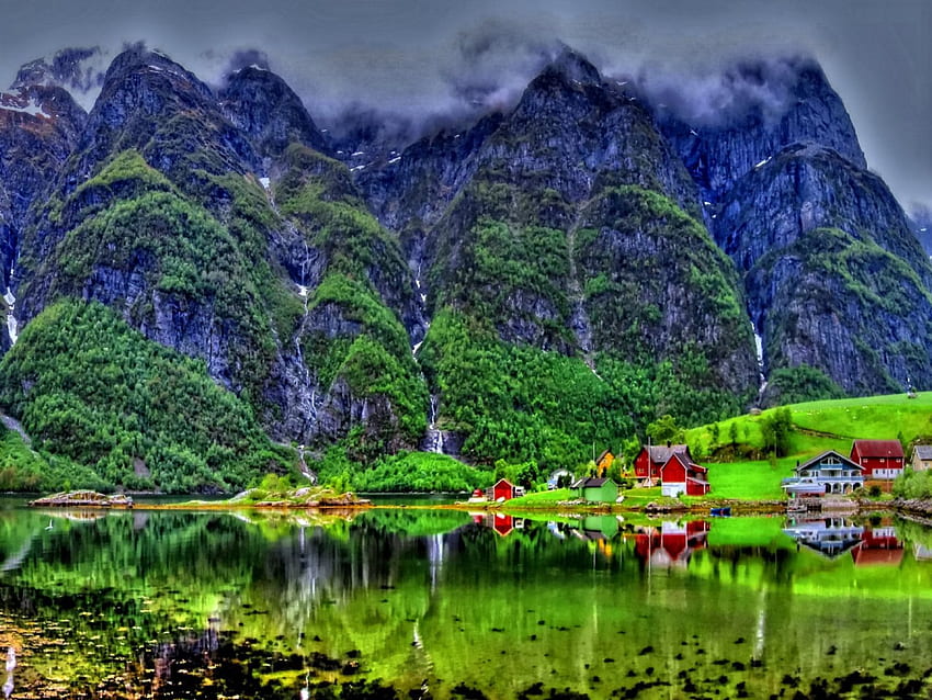 Amazing reflection, colorful, lakeshore, peaks, houses, nice, mist, shore, reflection, greenery, amazing, calm, slope, beautiful, lake, mountain, cabin, summer, emerald, cliffs, mirrored, view, clouds, nature, sky, cottage, clear, lovely, village HD wallpaper