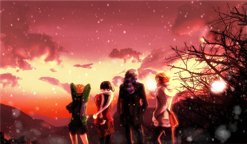 Persona 4, yuu, animasyon, chie, gökyüzü, arkadaşlar, yoske, yukiko, gün batımı HD duvar kağıdı