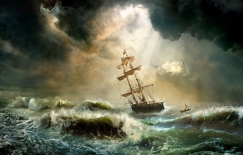 wave, storm, element, ship, Storm, roll, Mr Menuhin for , section живопись, Sailboat Storm HD wallpaper