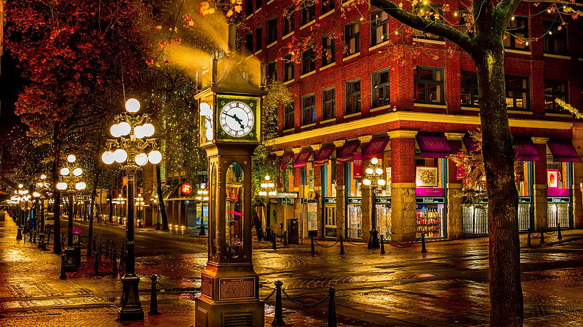 Canada, Vancouver, street, night city, big clock, lights HD wallpaper