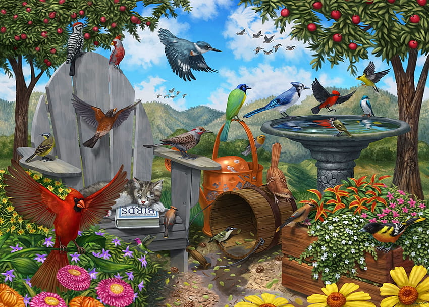 Birds, summer, bird, art, painting, pictura, garden, pasari, vara, flower HD wallpaper