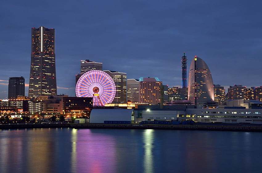 Japan Yokohama Ferris wheel Cities Houses HD wallpaper