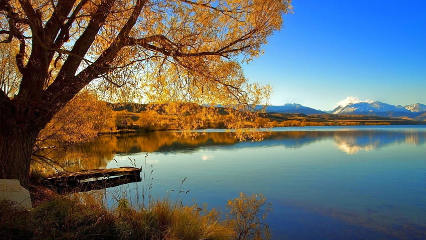 Bella vista, blu, bella, alberi, autunno, cielo, natura, montagne, lago Sfondo HD