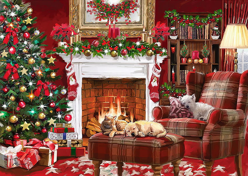 Pets by the fire, winter, art, cozy, fireplace, tree, holiday, decoration, presents, Santa, christmas, animals, pets, fire, home HD wallpaper