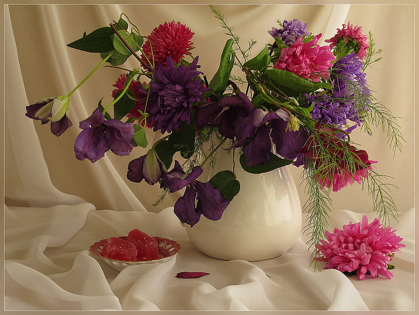 still life, bouquet, graphy, elegantly, vase, beautiful, nice, gently, purple, rose, flower, cool, flowers, chrysanthemum, , harmony HD wallpaper
