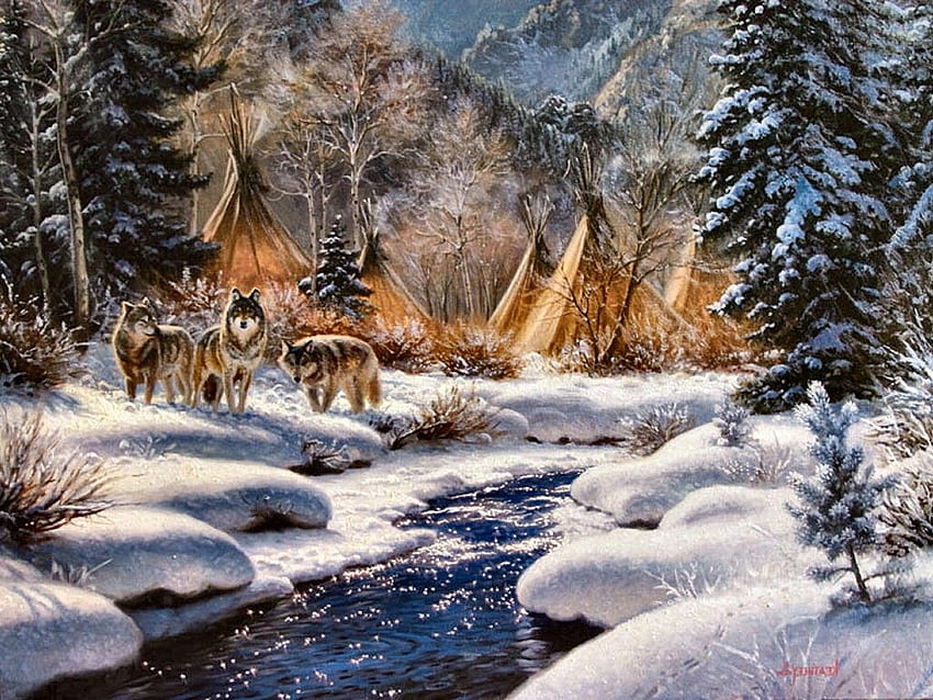 Canine Wolves Painting Keathley Art Native Lobo American Wolf, Native American Winter HD wallpaper