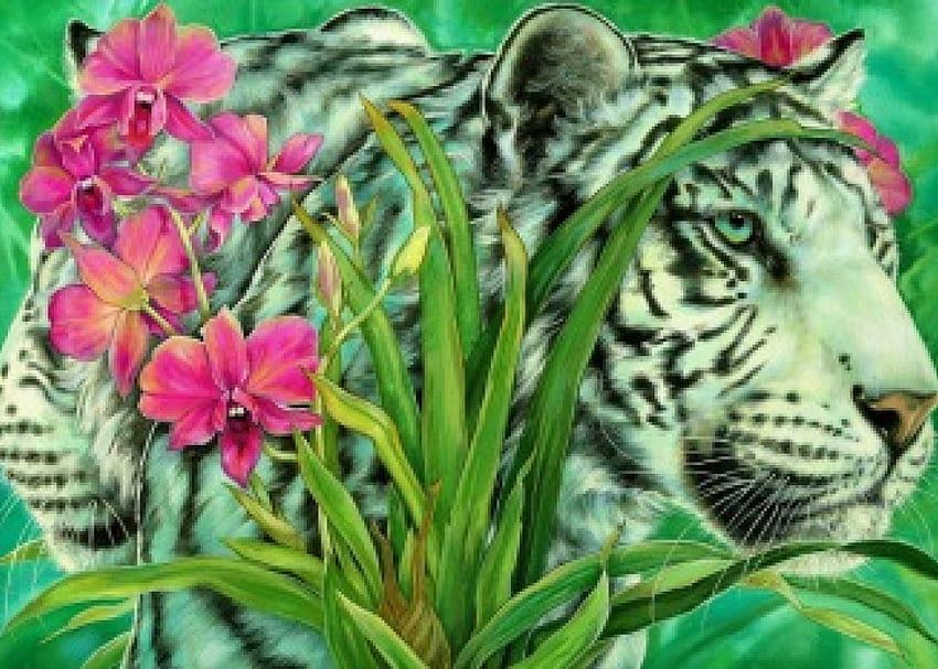 野生動物、アート、山猫、花 高画質の壁紙