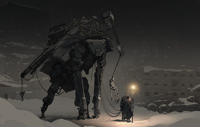 inverno luz ficção pessoas robô a noite capuz viajante pós apocalíptico guia para seção фантастика -, Winter Apocalypse papel de parede HD