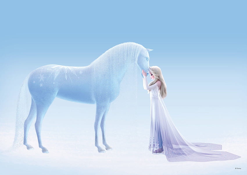 하얀 드레스를 입은 Elsa의 새로운 제품은 물의 정령 말 Nokk, Spirit Element의 얼어붙은 버전의 세부 사항을 보여줍니다. HD 월페이퍼