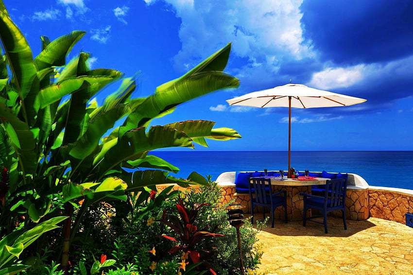 Beaches: Table Jamaican Beach Chairs Umbrella Terrace Plants Sky HD wallpaper