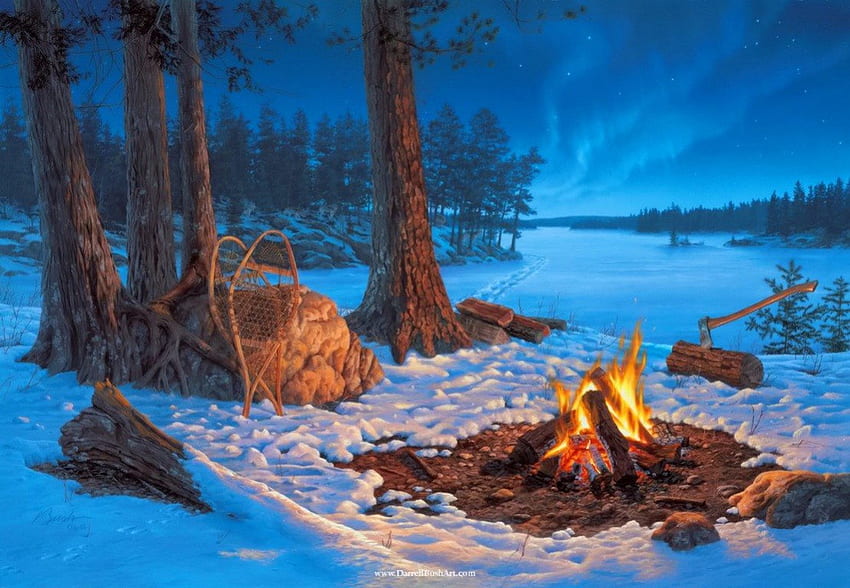 Picnic invernale, inverno, notte, sereno, serenità, bello, nebbia, silenzio, fiocchi di neve, neve, nevoso, bello, carino, natura, fuoco, bello, calma, foresta, sera Sfondo HD