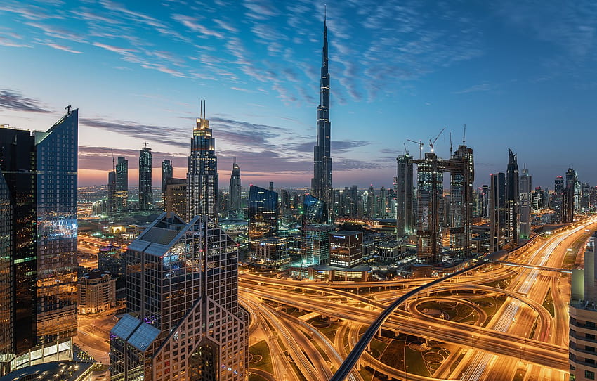 небето, облаци, градът, светлини, изглед, сграда, кула, височина, небостъргачи, вечерта, сутрин, Дубай, архитектура, мегаполис, небостъргачи, ОАЕ за , раздел город HD тапет