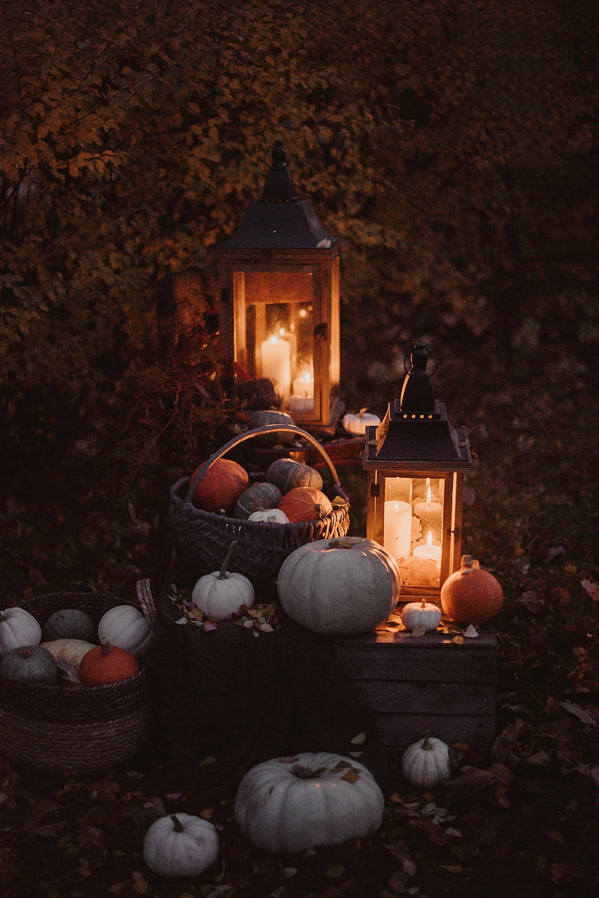 Autumn, Candles, Pumpkin, Lights, Shine, Light, , , Lanterns, Basket HD phone wallpaper