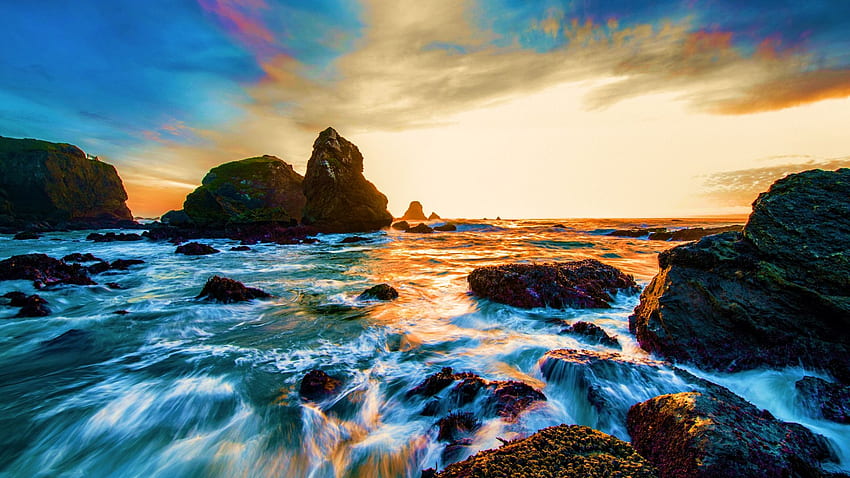 Luffenholtz Beach, Trinidad, California, rocks, sea, clouds, colors, sky, usa, sunset HD wallpaper