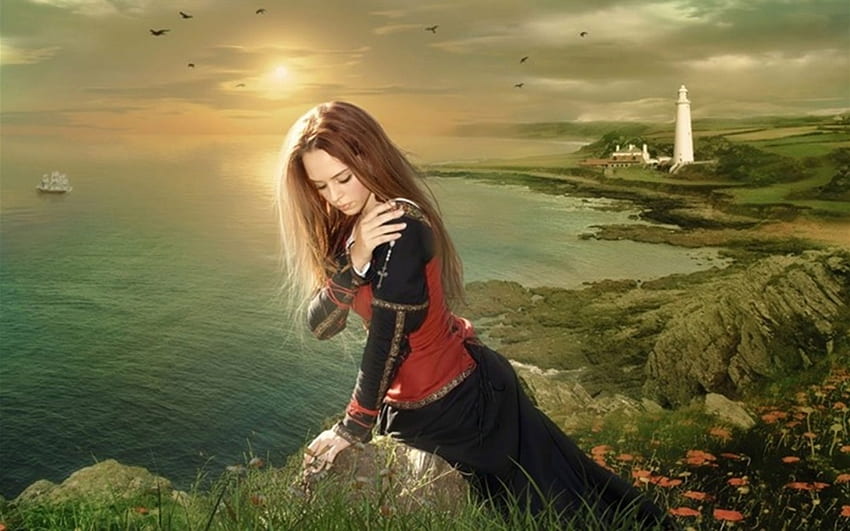 waiting for you, lighthouse, ship, flower, woman, ocean HD wallpaper