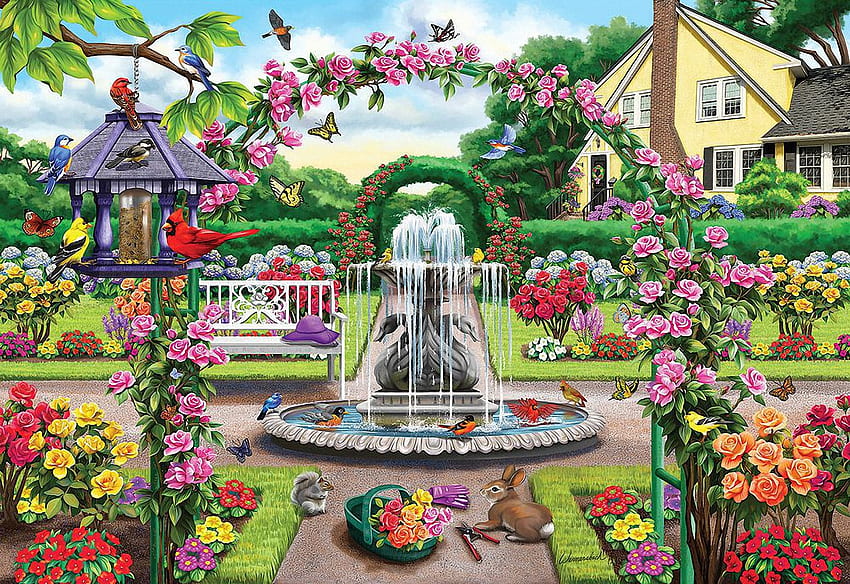 Enter The Rose Garden, birds, painting, hedge, house, fountain, gazebo, flowers, tree HD wallpaper