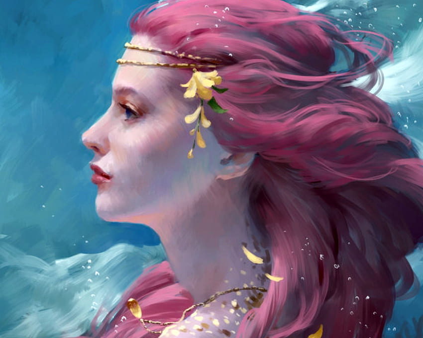 A mermaid portrait, blue, profile, pendant, art, girl, selenada, woman, jewel, pink, fantasy, portrait, flower, yellow, face, luminos HD wallpaper