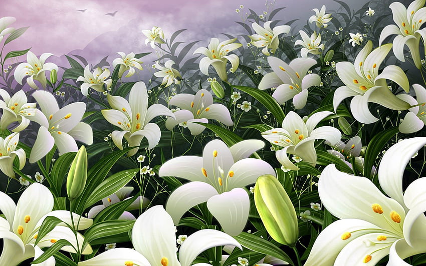 Flowers, Sky, Lilies, Bud, Glade, Polyana, Stamens HD wallpaper