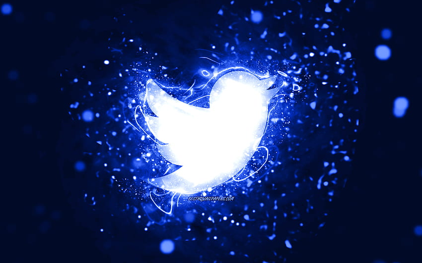 Twitterのダークブルーのロゴ、ダークブルーのネオンライト、クリエイティブ、ダークブルーの抽象的な背景、Twitterのロゴ、ソーシャルネットワーク、Twitter 高画質の壁紙