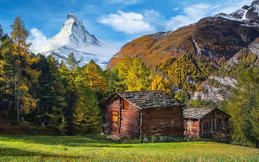 Ketertarikan dengan Matterhorn, Swiss, daun, musim gugur, pemandangan, awan, pohon, langit, pegunungan Alpen, kabin Wallpaper HD