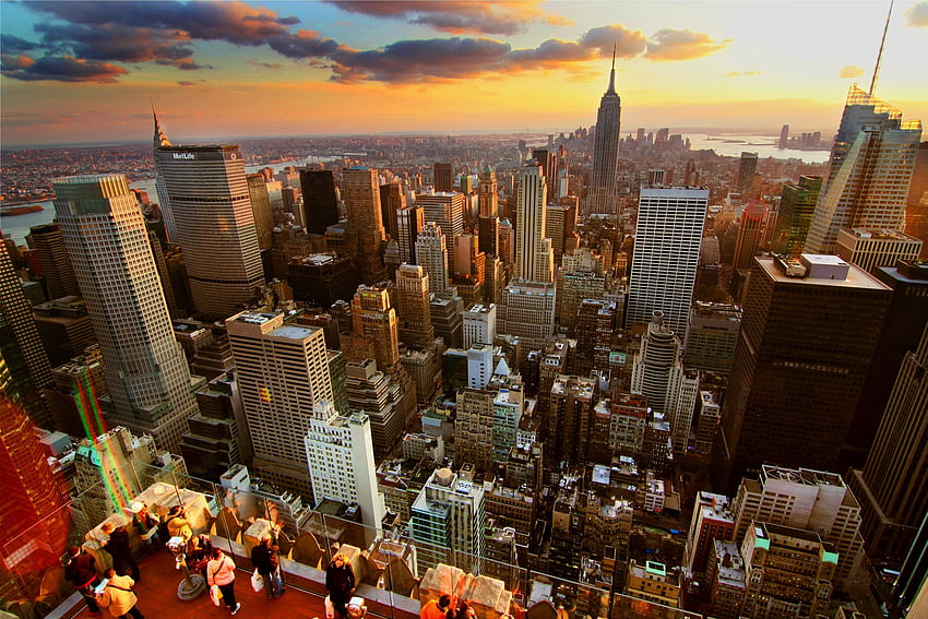 Miasta, domy, zachód słońca, drapacze chmur, dach, Nowy Jork, dachy Tapeta HD