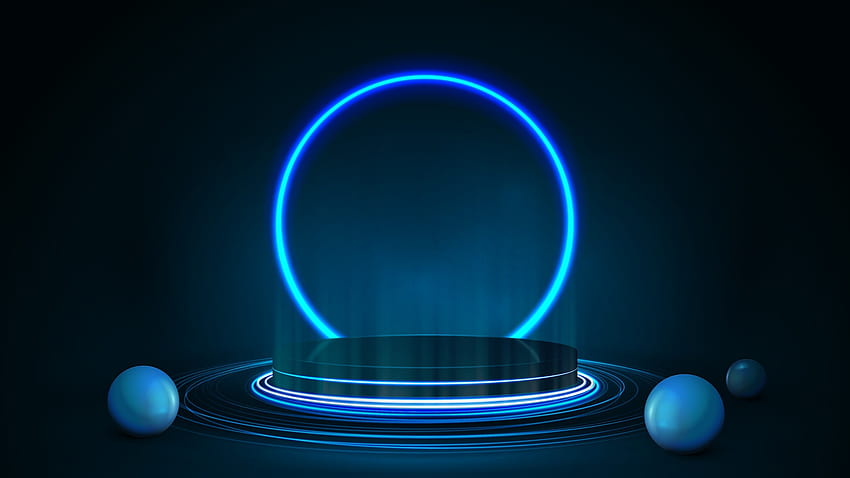 Empty dark podium with realistic spheres and neon ring on background. 3D render illustration with dark and blue abstract scene with neon blue ring 2170335 Vector Art at Vecteezy, Neon Blue 3D HD wallpaper