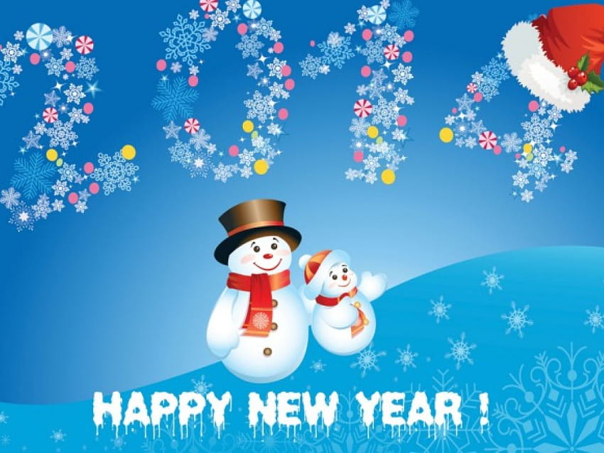 Happy New Year, artwork, snowman, glitter, scarf, hat HD wallpaper