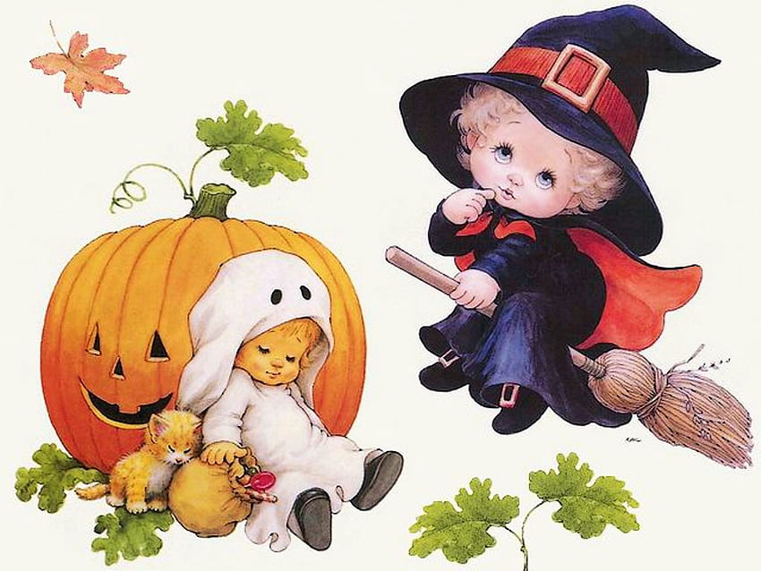 Halloweenies, artwork, ghost, pumpkin, sleepy, witch HD wallpaper