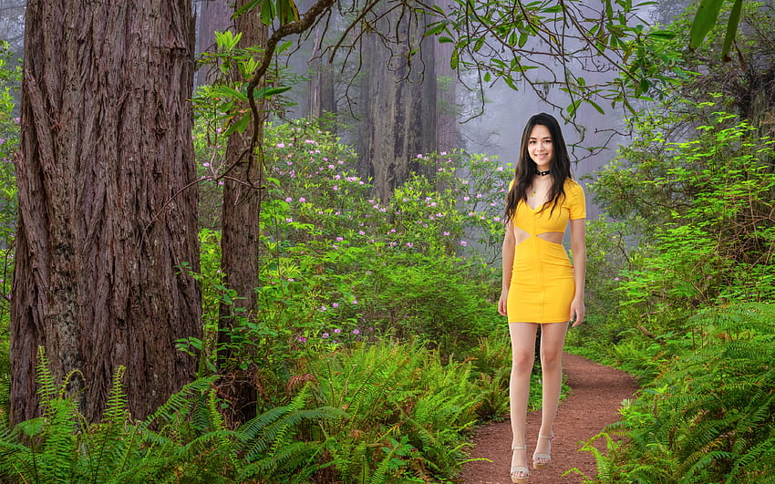 Alexis Strolling through the Park, model, forest, usa, brunette, dress HD wallpaper