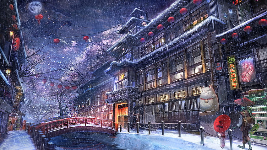 Oriental, Town, Winter, Snowfall JPG. Cool, Night Snowfall HD wallpaper